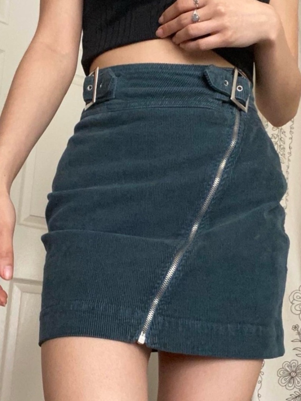 Urban Outfitters Harmony Teal Corduroy Asymmetrical Zip Mini Skirt